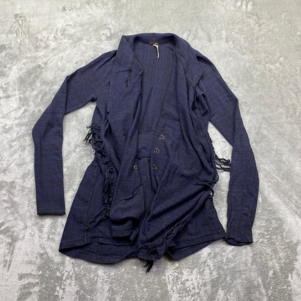 Free People Navy Blue Marled Fringe Draped Cardigan XS Hook Eye Back Tie Wrap